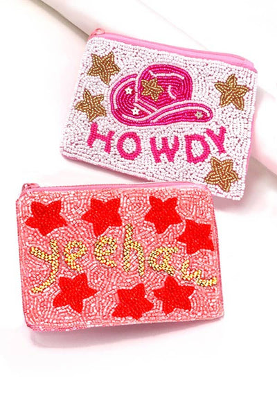 WESTERN  COWGIRL HOWDY SEED BEAD COIN PURSE POUCH | 91CP662: HOWDY