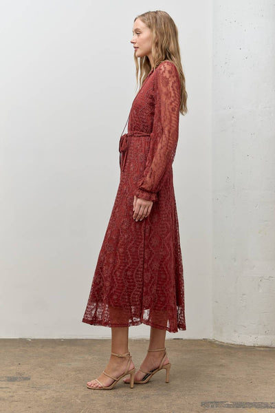 LONG SLEEVE LACE LONG MIDI DRESS: RED BROWN