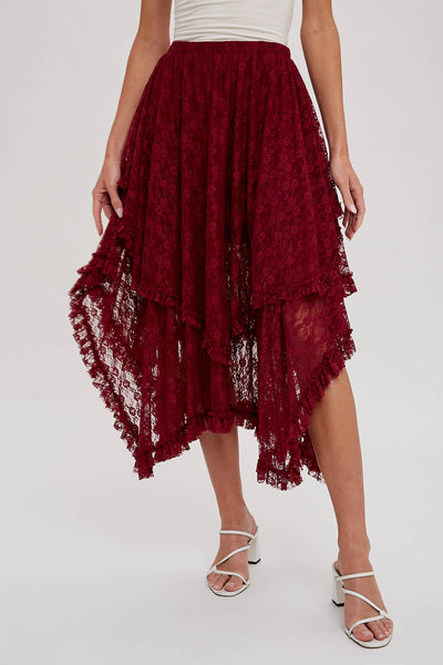 LACE TIER MIDI SKIRT: ECRU