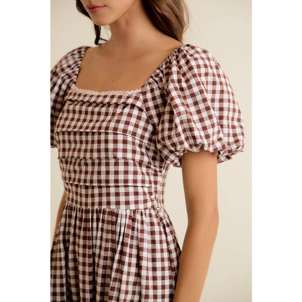 GINGHAM LACE TRIM PUFF SLEEVES LINED MIDI DRESS: BROWN / S - Lulu Bella Boutique