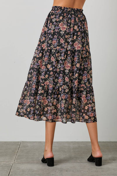FLORAL PRINT BUTTON FRONT SKIRT: BLACK MULTI - Lulu Bella Boutique