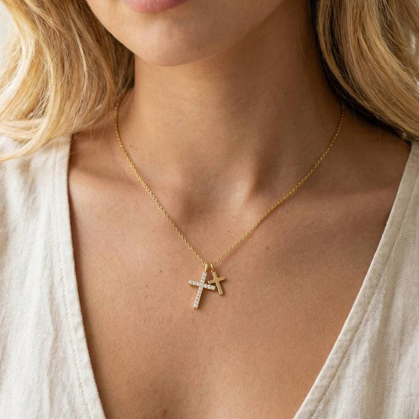 Cz Pave Double Cross Pendant Necklace: G - Lulu Bella Boutique