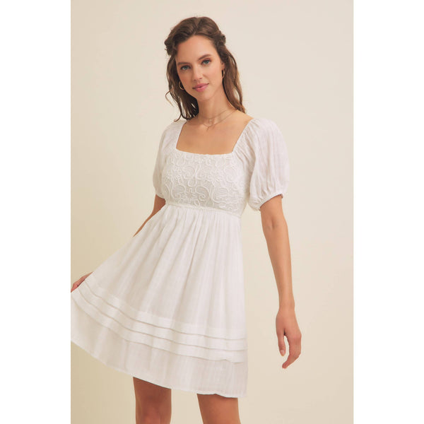 AIRY COTTON GAUZE CROCHET MINI DRESS WITH SMOCKED BACK: OPTIC WHITE / S - Lulu Bella Boutique