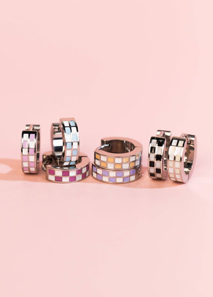 Silver Black/White Checkered Huggies - Lulu Bella Boutique