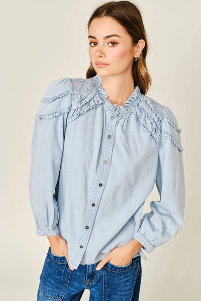 RUFFLES LONG SLEEVE CHAMBRAY TOP: LT DENIM