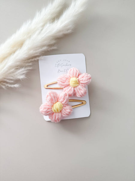 Crochet Flowers Hair Clips & Headbands: Tan & Brown Flower / Pigtail Set - Lulu Bella Boutique