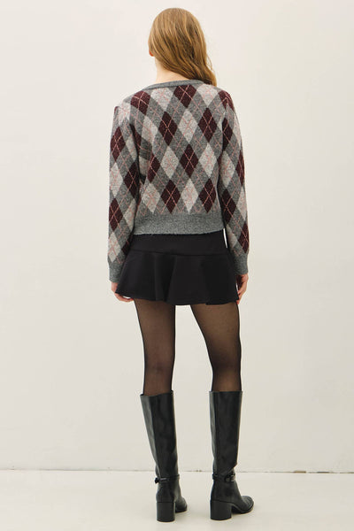 ARGYLE PATTERN SWEATER CARDIGAN : GREY