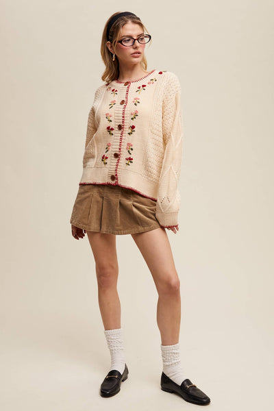 Floral Embroidered Button-Up Cardigan: Ecru
