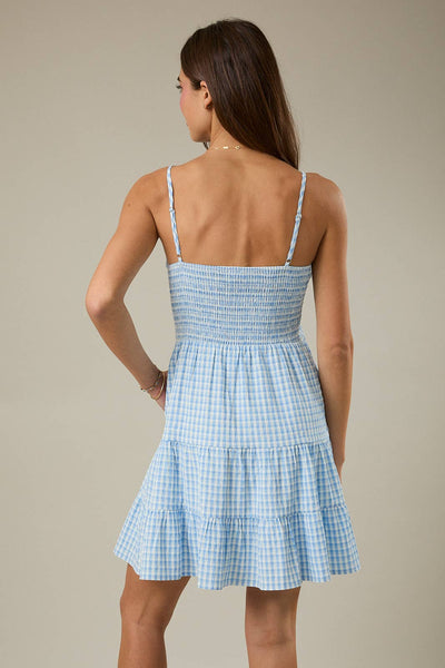 SQUARE NECK SHOULDER STRAP TIERED MINI DRESS: WHITE-BLUE GINGHAM / S - Lulu Bella Boutique