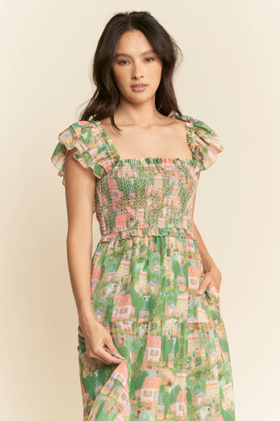 VILLAGE SMOCKING BODICE RUFFLE SLEEVE MAXI DRESS: Pink green / M - Lulu Bella Boutique
