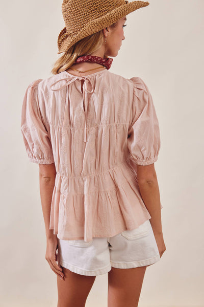Embroidered Rose Peplum Blouse: Rose Latte - Lulu Bella Boutique