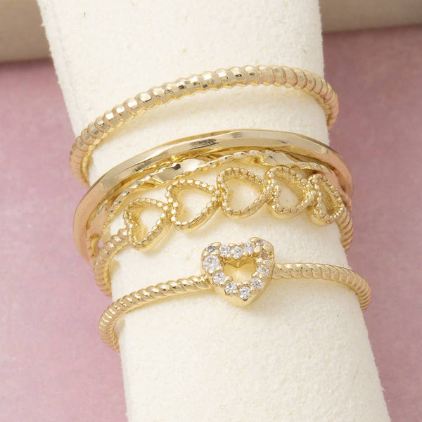 Heart And Cz Five Piece Stacked Ring Set