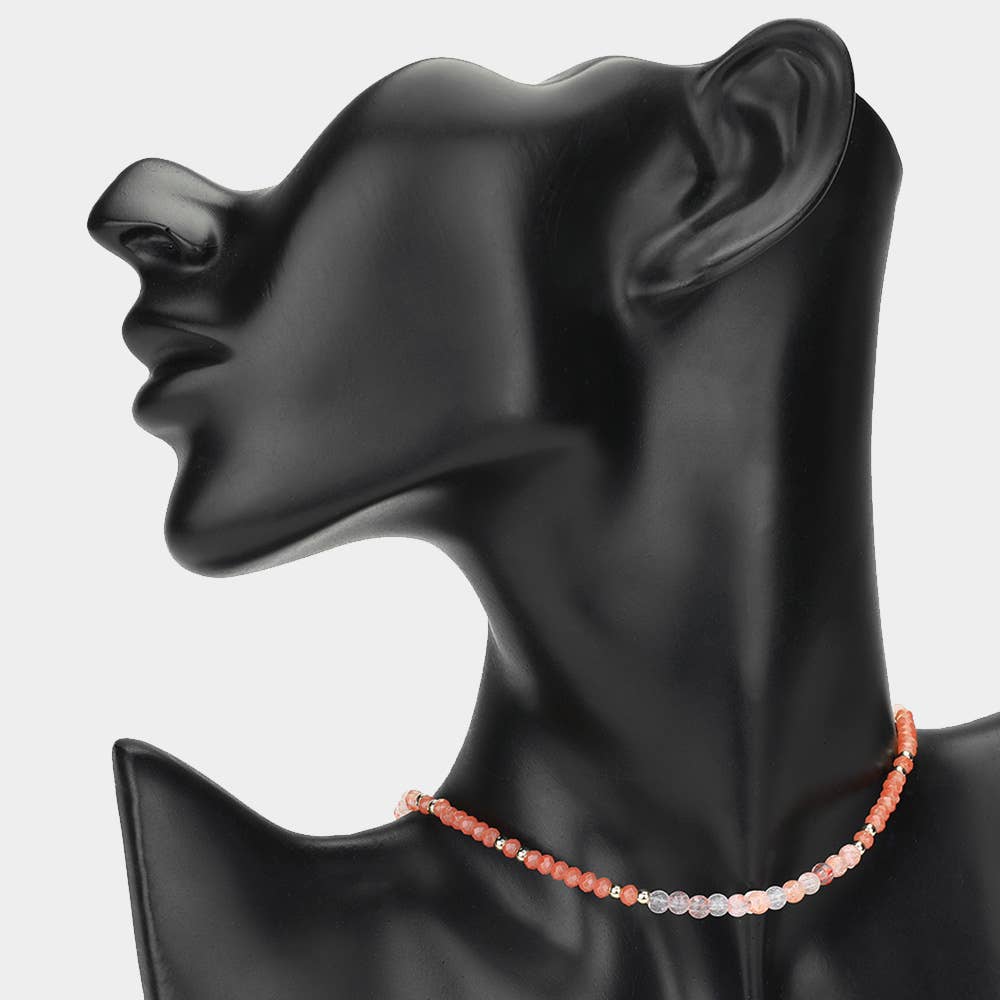 Natural Stone Metal Ball Faceted Beaded Choker Necklace: CORAL - Lulu Bella Boutique