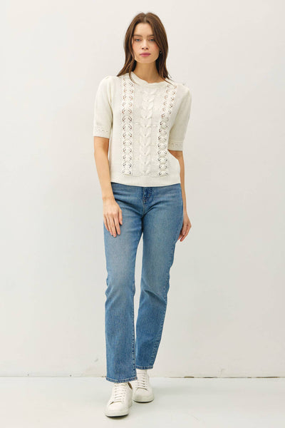 CHUNKY PUFF SHORT SLEEVE CABLE KNIT SWEATER: Ivory - Lulu Bella Boutique
