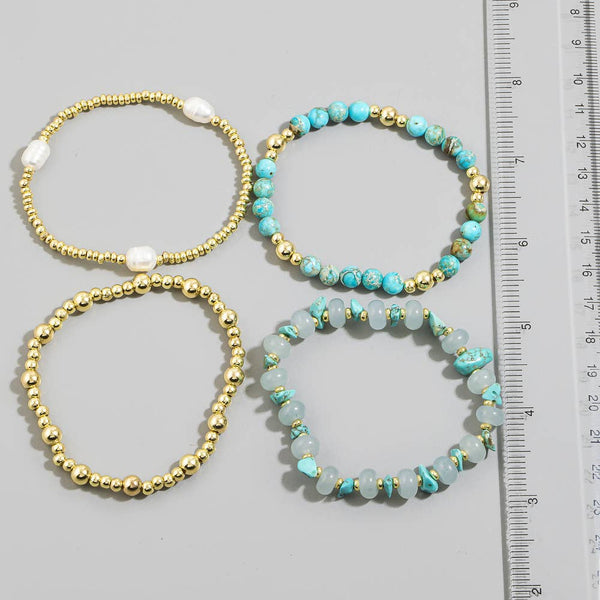 Agate Semi Precious Stone Gold Bead Bracelet Set