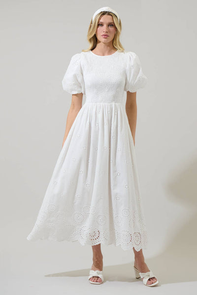 Deana Eyelet Smocked Midi Dress: White / XS - Lulu Bella Boutique