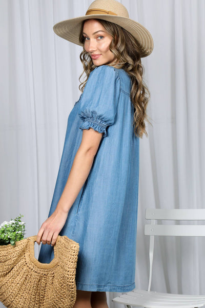 Ruffle Detail 100%Tencel Chambray Mini Dress VD60753: Light Denim / S - Lulu Bella Boutique