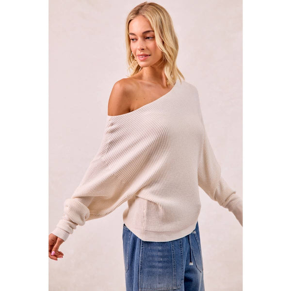 WAFFLE KNIT OFF SHOULDER TOP: IVORY / S - Lulu Bella Boutique