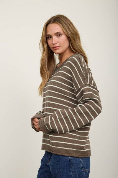 CREAM STRIPED DROP SHOULDER CREW NECK SWEATER: TAUPE