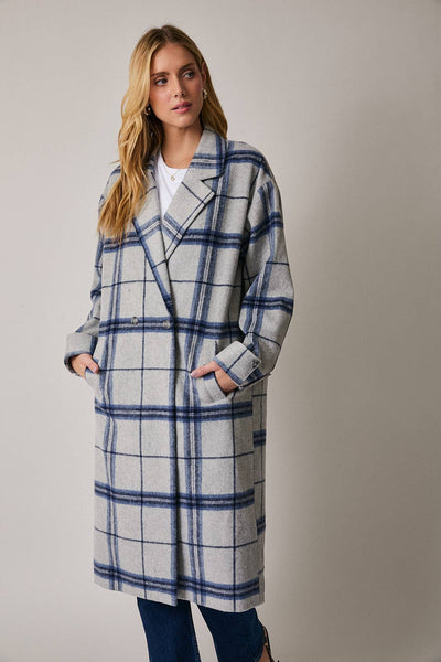 LONG SLEEVE COAT IN PLAID: GREY-BLUE PLAID
