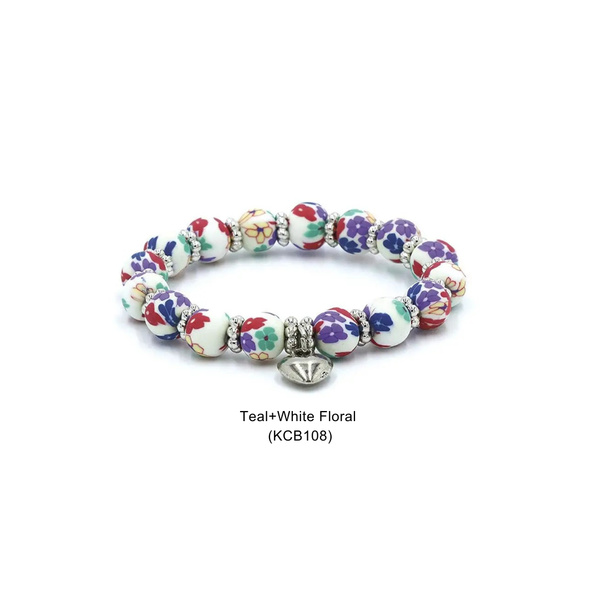 Kids Clay Beaded Stretch Charm Bracelets : Navy & White Floral+white star charm (KCB215G) - Lulu Bella Boutique