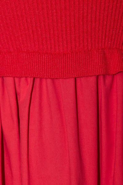 MOCK NECK SHORT SLEEVE KNIT & WOVEN MIX TIERED MIDI DRESS: Red