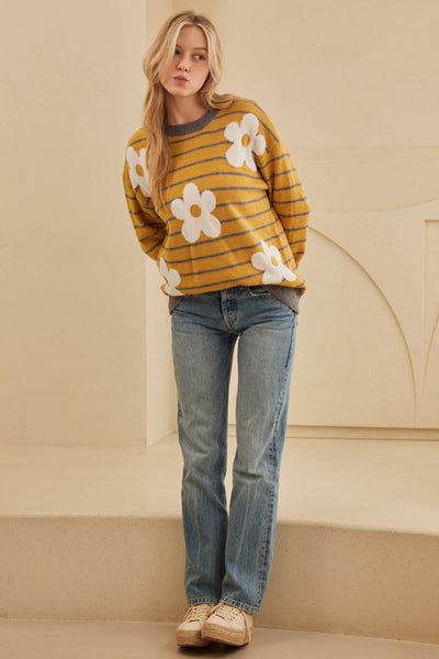 Daisy Patched Striped Sweater: Mustard / S