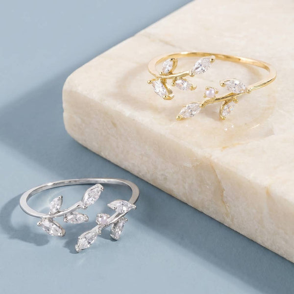 Gold Dipped Floral Spray Cz Open Ring