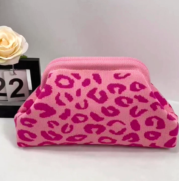 Leopard Print Knit Cosmetic Bag Knit Clutch: Rose / M - Lulu Bella Boutique