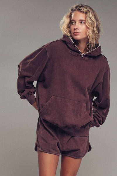Vintage-Wash Crochet Trim Hooded Sweatshirt: BROWN