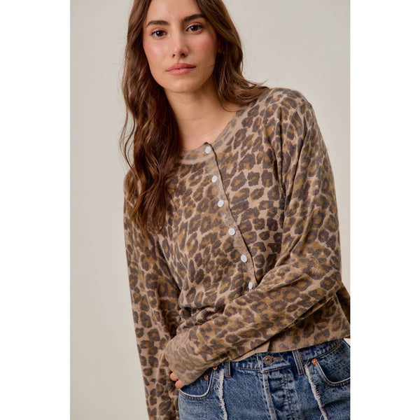 WASHED INSPIRED LEOPARD PRINT SWEATER CARDIGAN: LEOPARD / S - Lulu Bella Boutique