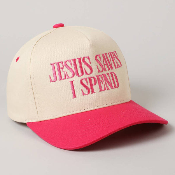 JESUS SAVES I SPEND Embroidery Trucker Hat: HOT PINK / ONE SIZE - Lulu Bella Boutique