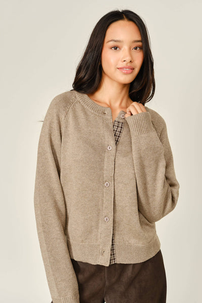 WOOL BLENDED PLAID PLACKET DETAIL SWEATER CARDIGAN: MUSHROOM