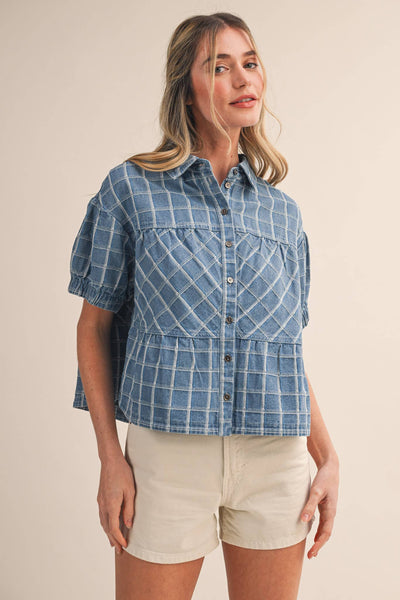 CHECKERED DENIM BUTTON DOWN TOP MTP4657: LIGHT DENIMBLUE / S - Lulu Bella Boutique