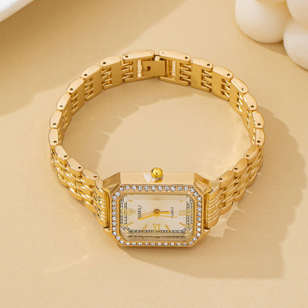 ENCRUSTED BEZEL RECTANGLE FACE BAND BRACELET WATCH | 80W005: GOLD-WHITE - Lulu Bella Boutique