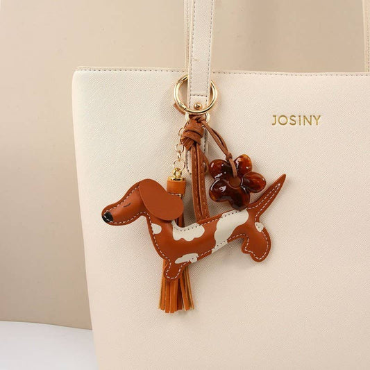 DAPPLED DACHSHUND VEGAN LEATHER BAG CHARM: BROWN