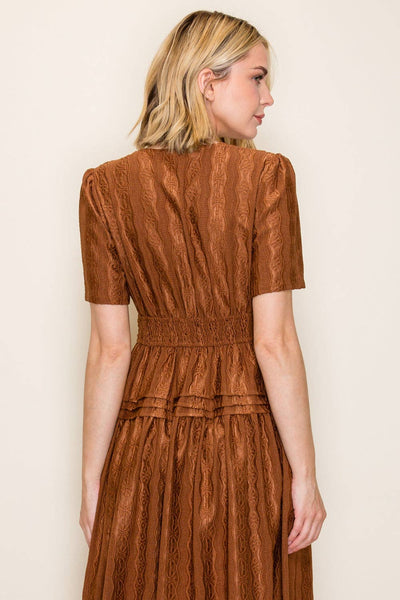 Smocked Waist Tiered Midi Dress: Brown