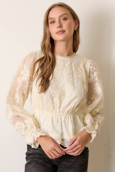 TEXTURED LACE PRINTED LONG SLEEVE TOP: CREAM / S