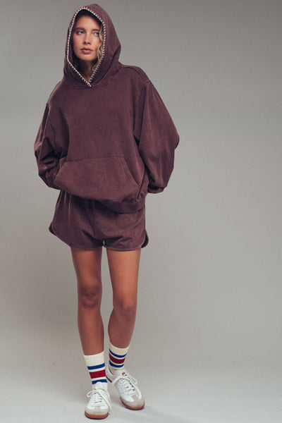 Vintage-Wash Crochet Trim Hooded Sweatshirt: BROWN