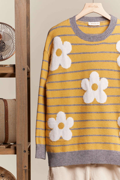 Daisy Patched Striped Sweater: Mustard / S