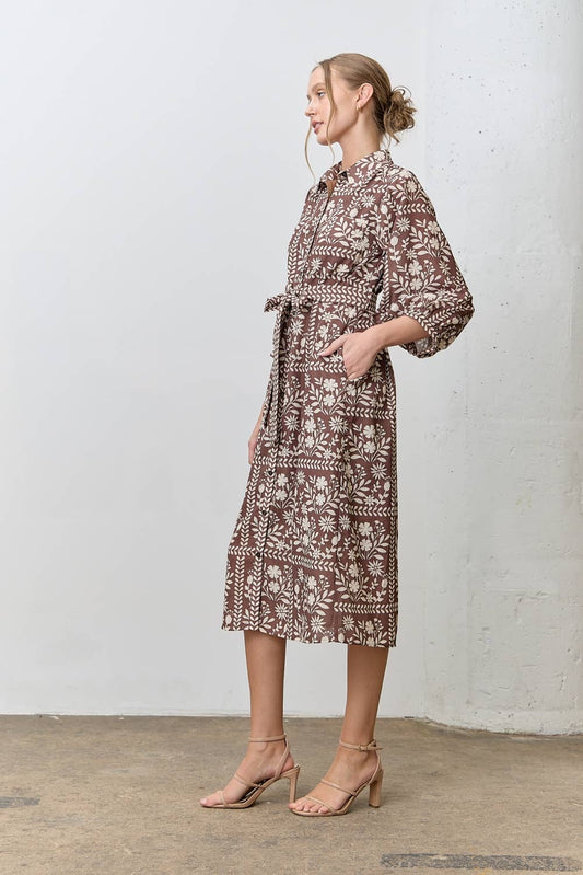 BORDER FLORAL PRINT SHIRT DRESS: BROWN/IVORY