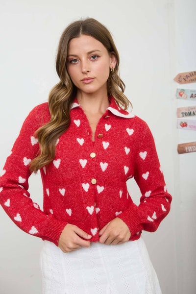 HEART PATTERN SCALLOP COLLAR BUTTON DOWN CARDIGAN: RED - Lulu Bella Boutique