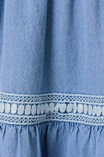 SLEEVELESS LACE INSERTED FIT & FLARE DENIM DRESS: DENIM / S - Lulu Bella Boutique