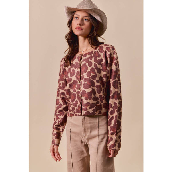 LEOPARD PRINT BUTTON UP SWEATER CARDIGAN: LEOPARD