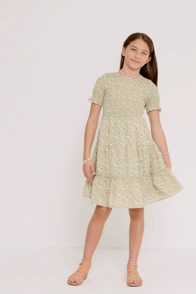 Girls Floral Smocked Tiered Skirt Dress: Sage