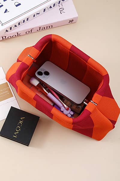 Striped Clasp Clutch Makeup Bag: FUCHSIA/GREEN
