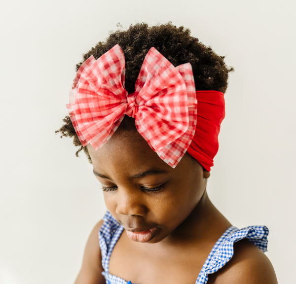 Baby Bling® Tulle FAB® soft nylon headband with tulle bow: Gingham Cherry Red - Lulu Bella Boutique