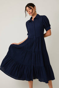PUFF HALF SLEEVE BUTTON DOWN TIERED MIDI DRESS: NAVY / S - Lulu Bella Boutique