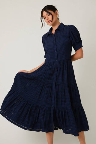 PUFF HALF SLEEVE BUTTON DOWN TIERED MIDI DRESS: NAVY / S - Lulu Bella Boutique