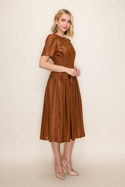 Smocked Waist Tiered Midi Dress: Brown